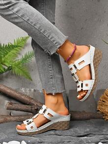 1 Pair Solid Color Elegant Buckle Decor Women Wedge Heel Sandals, Suitable For Beach, Spring/Summer - White - View 7