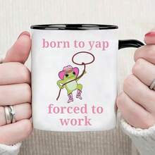 天生爱唠叨，被迫工作——趣味青蛙牛仔咖啡杯 - 粉白双色陶瓷杯，可爱牛仔青蛙图案，讽刺语录马克杯，11盎司新奇礼物，适合上班族/幽默爱好者，可放入洗碗机/微波炉，家用/办公桌茶具