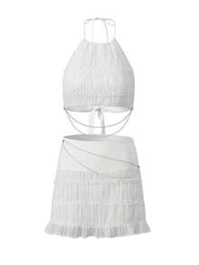 Women's 2 Piece Outfits Smocked Mini Skirt Set Casual Sleeveless Backless Smocked Halter Neck Tie Up Crop Top + Bodycon Short Mini Skirt Set - 白色 - 查看 5