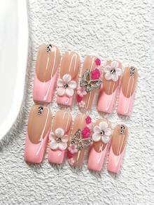 10件套浪漫优雅美甲套装，凝胶美甲贴纸，手绘白色五瓣雕花，银色水钻蝴蝶，粉色玫瑰花卉美甲装饰，手工按压式美甲贴片 - 彩色 - 查看 13