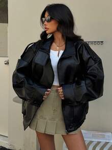 Seelio Autumn/Winter New Women's Fashion Leather Jacket, Minimalist European Style, Versatile Litchi Texture - Black - View 3