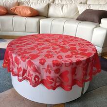 1pc Cupid Valentine's Day Round Heart-Shaped Lace Tablecloth, Red Lace Bear Angel Heart Pattern Table Runner Home Decor Anniversary Party Home Decoration Weddings And Valentine's Day Decorations - 紅色 - 查看 7