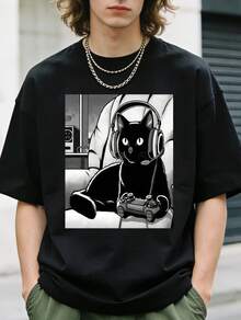 1pc Mens Clothes Gaming Cat Print Black TShirt, Unisex Casual Crew Neck Tshirt, Plus Size Men's Clothing 5XL, Lightweight 180gsm Knit Fabric, Machine Washable, For Spring/Summer/Fall, Suitable For Valentine's Day, Thanksgiving Day, And Christmas - màu đen - Xem 1
