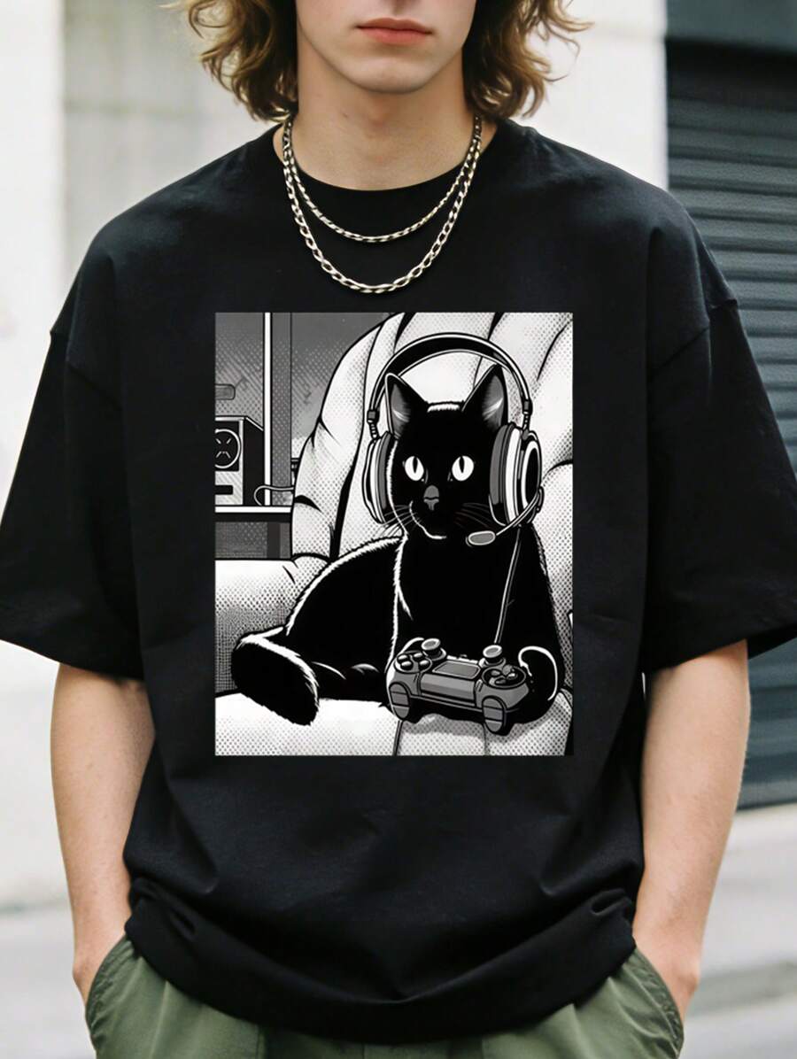 1pc Mens Clothes Gaming Cat Print Black TShirt, Unisex Casual Crew Neck Tshirt, Plus Size Men's Clothing 5XL, Lightweight 180gsm Knit Fabric, Machine Washable, For Spring/Summer/Fall, Suitable For Valentine's Day, Thanksgiving Day, And Christmas - màu đen - Xem 1
