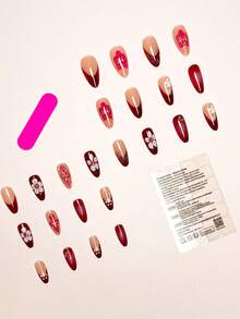 24片/套 优雅复古渐变3D花朵及仿珍珠装饰杏仁形美甲贴片，包含甲油胶和指甲锉，适合女孩/女士日常、派对、秋季美甲用品 - 彩色 - 查看 3