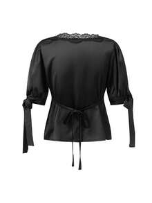 Womens Summer Satin Tops Lace Patchwork Short Puff Sleeves V-Neck Blouse With Adjustable Ribbon Ties - Black - View 6