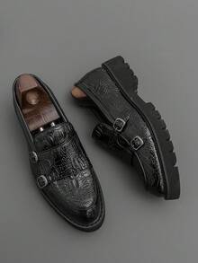 Men's Thick Sole Derby Shoes With Buckle Design, Loafers, Retro Monk Shoes, Formal Dress Shoes, British Style - Black - View 4