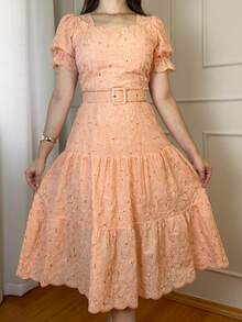 Women's 3-Marias Midi Dress In Elegant Cotton Lace With Belt And Ruffled Hem - Casual Fashion - For Dating Or Weddings - 珊瑚粉 - 查看 7