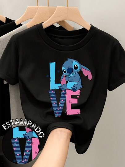  Camiseta para mujer de 100% algodón con cuello redondo y manga corta Estampada original de Disney Película Lilo y Stitch con la leyenda LOVE ideal para festividades del día del amor y el amigo Febrero Regalo ideal Primavera Verano Otoño Invierno