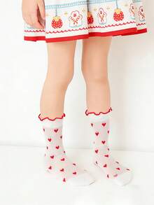 1 Pair Baby Girls' Heart Pattern Mid-Calf Socks, Heart Element Girls' Socks, Suitable For 0-1 Year Old, 2-5 Year Old Girls, Spring/Summer - Red and White - View 6