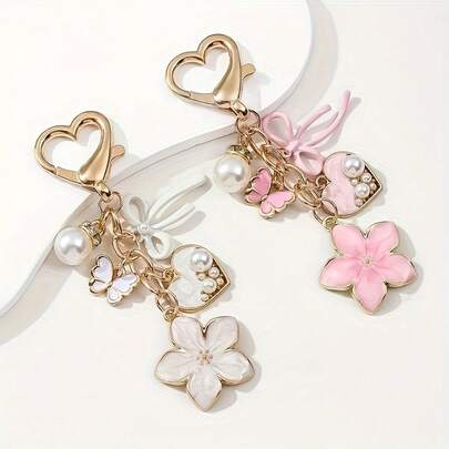 1pc Elegant Floral & Butterfly Enamel Keychain, With Heart Cutout - Soft Pink/White/Lavender/Gold Layered Flower Design, Reliable Ring Closure, Petite Women's Everyday Jewelry Gift For Birthday, Anniversary, Valentine's Day - Delicate Pastel Colors Handcrafted With Butterfly Pattern, Refined Enamel Finish, Reliable Ring Clasp, Versatile Women's Accessory, Birthday Gift, Exquisite Craftsmanship