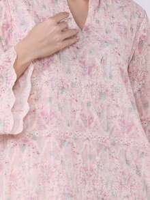 2026 New Style Ramadan Traditional Elegant Floral Embroidered Asymmetrical Ruffle Hem Dress, Modest Arabic Women Clothing - Pink - View 4