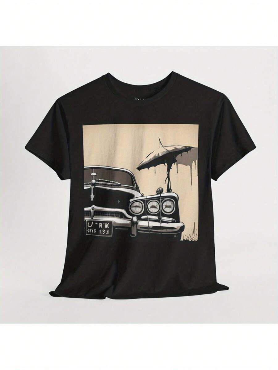 Camiseta gráfica para hombres Robert August; Shadow Cruiser; Coche vintage negro; Impresión de escena de playa con paraguas. Camiseta de algodón de estilo bohemio de corte holgado para uso casual al aire libre. Comodidad para todas las estaciones. Camiseta de Playa Ropa de ocio. Conjunto de fin de semana. Diseño retro. Material suave. Camisa estampada. Ropa para adultos - Negro - Ver 1