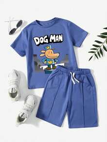 2pcs/Set Boys' Cartoon Letter Print Round Neck Short Sleeve T-Shirt And Drawstring Waist Shorts Casual Outfit - Blue - View 2