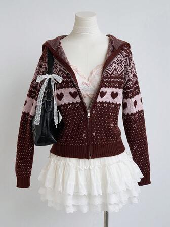 Autumn And Winter Women's Cute Casual Vintage Sweater Tops Jacquard Hooded Cardigan Fall Women Clothes Back To School Night Out