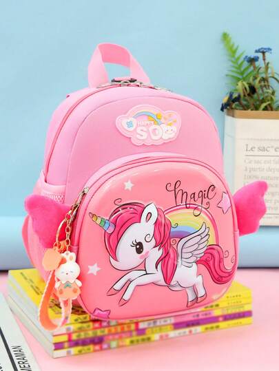 1pc Cute Cartoon Backpack For Elementary And Middle School Girls, Lightweight Little Horse Pattern Design, Reduces Burden, With Rabbit Pendant, Essential For Back To School Season