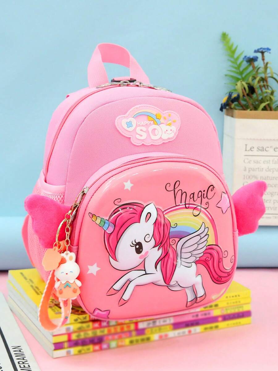 1 pieza Mochila escolar de dibujos animados linda para estudiantes de secundaria, patrón de poni ligero, reduce la carga, con colgante de conejo, esencial para el regreso a la escuela