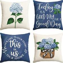 4PCS Blue Hydrangea Spring And Summer Throw Pillow Cover, Today Is A Beautiful Day Deep Blue Cushion Cover For Sofa(16in X 16in, 18in X 18in, 20in X 20in) - Blue - View 1