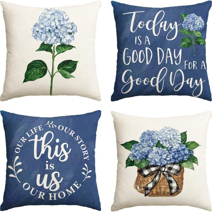 4PCS Blue Hydrangea Spring And Summer Throw Pillow Cover, Today Is A Beautiful Day Deep Blue Cushion Cover For Sofa(16in X 16in, 18in X 18in, 20in X 20in) - Blue - View 1