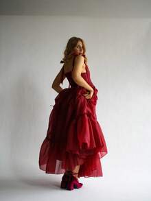 Women's Summer Long A Line Dress Sleeveless Tie Shoulder U-Neck Split Hem Cross Bandage Ball Gown - 酒紅色 - 查看 4