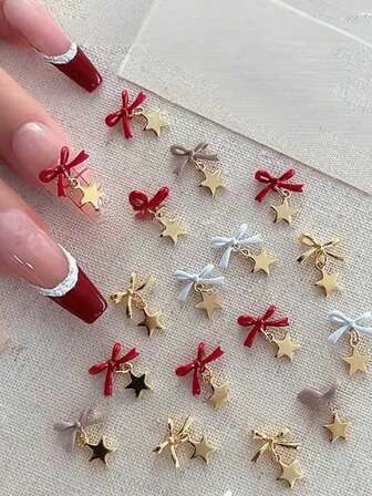 5 Pieces Of Cute Bow Star Nail Art Accessories, Sparkling Diamond Bow Star Nail Art Stickers, 3D Nail Art Accessories (Suitable For Romantic, Sweet, And Sparkling Diamond Nail Art), Reusable Nail Art Decorations (Suitable For Valentine's Day, Date Nights, And Special Occasions, Red/White/Gold Multiple Colors), Alloy Star-Shaped Pendants, Golden Five-Pointed Star-Shaped Nail Art Decoration Accessories