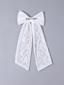 1 pièce Clip à cheveux en forme de nœud en dentelle blanche pour femmes, clip à cheveux avec imprimé floral et longues queues, clip alligator élégant et . Accessoire capillaire pour la vie quotidienne, pince à cheveux, barrette à cheveux - Blanc - Voir 4