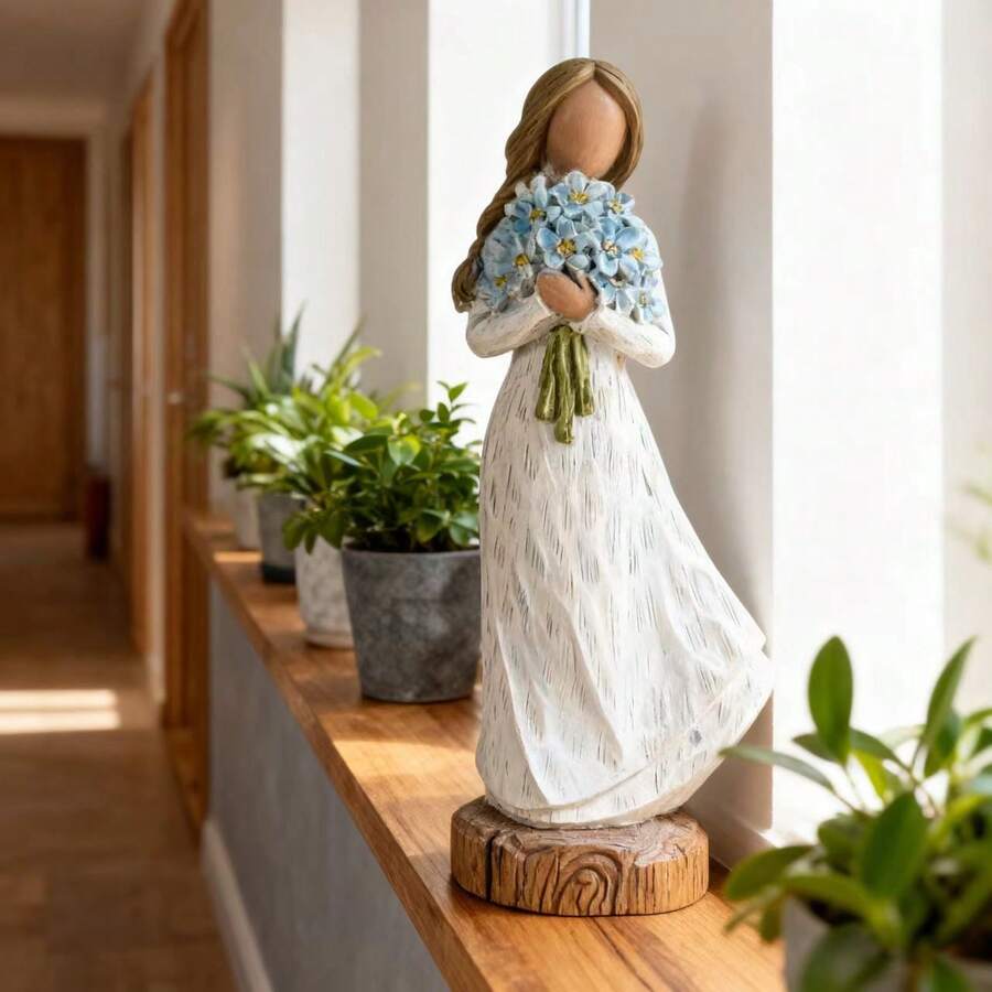 1pc Forget-Me-Not Flower Bouquet Girl Decor Ornament, Resin Blue Flower Girl Figurine, Home Decor For Bookshelf, TV Stand, Tabletop