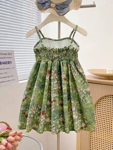 Girls Ditsy Floral Spaghetti Strap Dress, French Style Fashion Elegant Princess Dress, Summer - Green - View 2