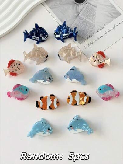 5pcs (Random Styles) Elegant Sweet Ocean Element Faux Fish Small Hair Clips, Bangs Side Clip Hair Accessories, Suitable For Beach Vacation, Daily Outings, Bohemian Elegant Cute