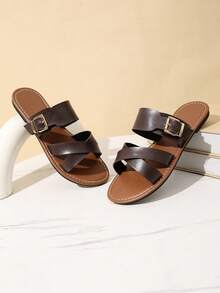 Giày sandal đế bằng nữ mũi tròn, quai chéo, khóa cài, thích hợp đi biển, kiểu La Mã. - Cà phê nâu - Xem 3
