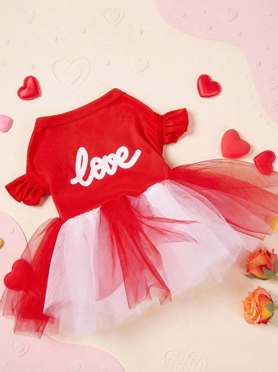 PETSIN 1pc Pet Universal Valentine's Day Red Love Letter Print Stretchy Ruffled Gradient Red White Mesh Dog Princess Dress - Multicolor - View 1