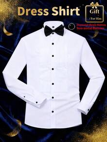1pc Men's Formal Dress Shirt, Wedding/Business Attire, Wrinkle-Resistant, Pleated Chest, Includes Black Bow Tie & Black Crystal Buttons - White - View 1