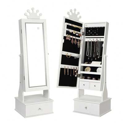  Huisuilinss Kids Jewelry Armoire Cabinet With Full-Length Mirror,46" Standing Jewelry Organizer,Kids Vanity Dress Up Mirror Jewelry Cabinet With Storage Drawer For Kids Bithday Xmas Gifts,1PCS