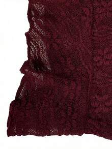 女士酒红色蕾丝短款上衣 | 短袖方领系带褶皱上衣，适合早午餐和街头穿着 - 酒紅色 - 查看 8