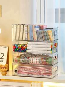 6pcs Stackable Transparent Storage Boxes, Large Capacity Desktop Organizer Boxes, Multi-Functional Storage Boxes For Storing Cosmetics, Stationery, Notes And Other Miscellaneous Items. Suitable For Home, School And Office. - Clear - View 4