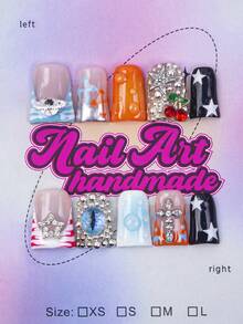 Bộ 10 móng tay giả thủ công phong cách Y2K hình vịt, móng dán, móng giả, màu nude, xanh lá cây, hồng với kiểu dáng Pháp, họa tiết chạm khắc, hình ngôi sao, trái tim, bướm, đính đá, phù hợp cho phụ nữ và bé gái, dự tiệc, sử dụng hàng ngày, kèm bộ dụng cụ, quà tặng tuyệt vời cho dụng cụ làm móng. - Nhiều màu - Xem 1
