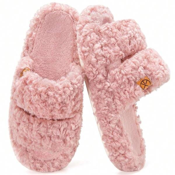 Women's House Slippers Fuzzy Open-Toe Soft Comfy Memory Foam Indoor Bedroom Shoes,6.5-7.5,Pink
