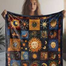 Retro Moon, Star And Sun Printed Blanket,Super Soft Flannel Printed  Blanket,As Birthday Gifts, Family, Wedding, Souvenir Blankets, Polyester Blankets Suitable For All Seasons, Washable, Machine Washable, Lightweight, Breathable, Comfortable, Warm, Unique, 280gsm For Him, Her Personalized Ideal Gifts For Her, Him, Family, Boyfriend, Girlfriend, Father, Family, Mother, Lover, Daughter, Son, Grandfather, Grandmother, Teacher,Doctor, Nurse,Friend, Classmate, Pet. Perfect Nap, Camping, Travel, Home, Daily Life, Office Decoration, Birthday, Anniversary, Valentine's Day, Thanksgiving, Graduation Season,Christmas, Halloween, Mother's Day, Father's Day, Wedding, New Year Gifts ,Sofa,Bed,Car,Bedroom,Living Room,Office,  Outdoor Camping, Beach,Wall Decoration - 多色5 - 查看 4
