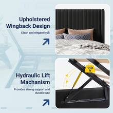 Allewie Full/Queen/King Size Sturdy Lift Up Storage Bed Frame – Built-In Hydraulic Lift Support System, Elegant Upholstered Platform Bed With Spacious Underbed Storage, Vertical Channel Tufted Wingback Headboard, No Box Spring Needed, Easy Assembly, Black - màu đen - Xem 5
