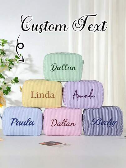 1pc Personalized Striped Travel Toiletry Bag, Customizable Name, Zipper Cosmetic Pouch, Portable Polyester Makeup Organizer, Travel Companion, Convenient, Large Capacity, Personalized, High Quality, Valentine's Day Gift, Suitable For Travel, School, Dorm Or Home Use, Dorm Essential, Holiday Gift, New Year Gift, Easter Gift, Back To School Essential, Suitable For Women, Students And Travel Enthusiasts