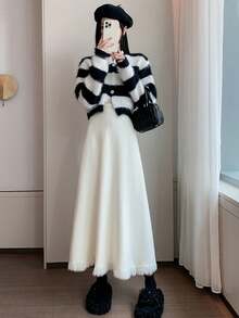 Petite Flowy Pleated Tassel Knit A-Line Skirt, High Waist, Suitable For Pear-Shaped Figures, Spring 2026 Women's Collection - Apricot - View 3