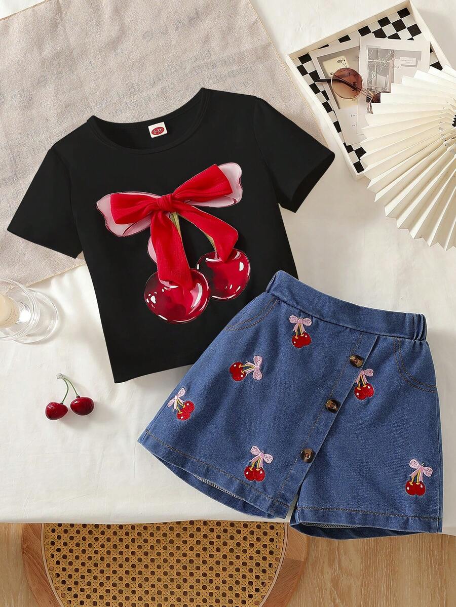2pcs/Set Girls Cute Cherry Bow Decor Short Sleeve Top + Casual Cherry Embroidery Denim Skirt Pants Outfit - Black - View 1