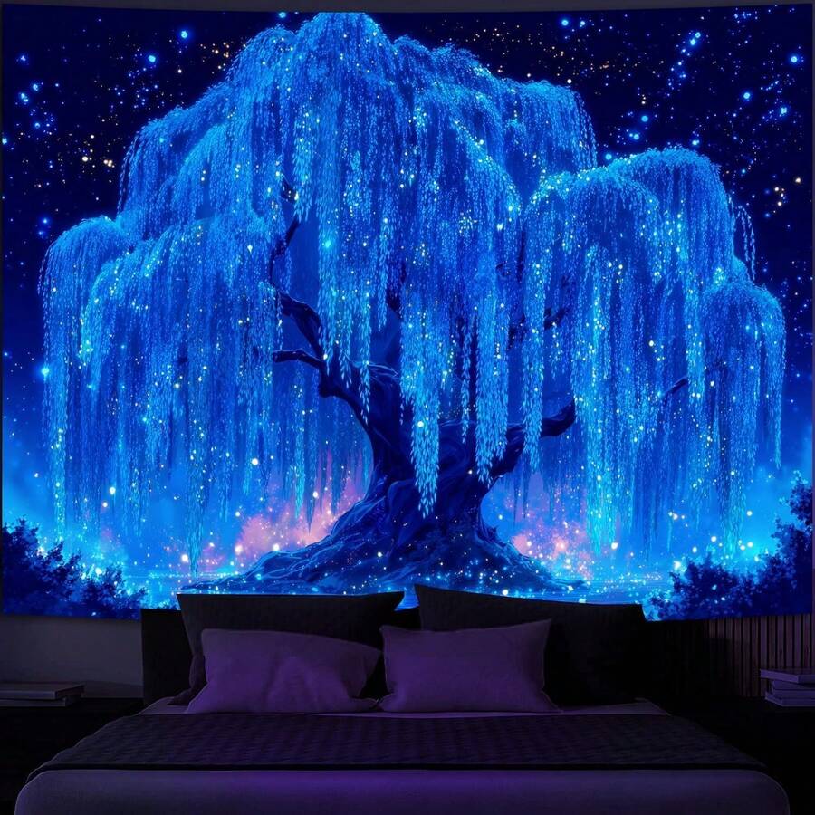 Simpkeely Blacklight Tree Of Life Tapestry - UV Reactive Neon Willow & Galaxy Starry Night Wall Hanging, Mystical Aesthetic Wall Art For Bedroom, Living Room & Party Decor - 59.1" X 80" - 2 - 查看 1