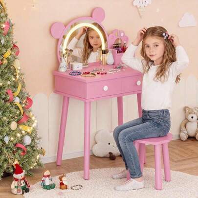 Tocador Infantil de Madera con Luces y Espejo, Juego de Maquillaje para Niñas con Cajones, Regalo para Princesitas