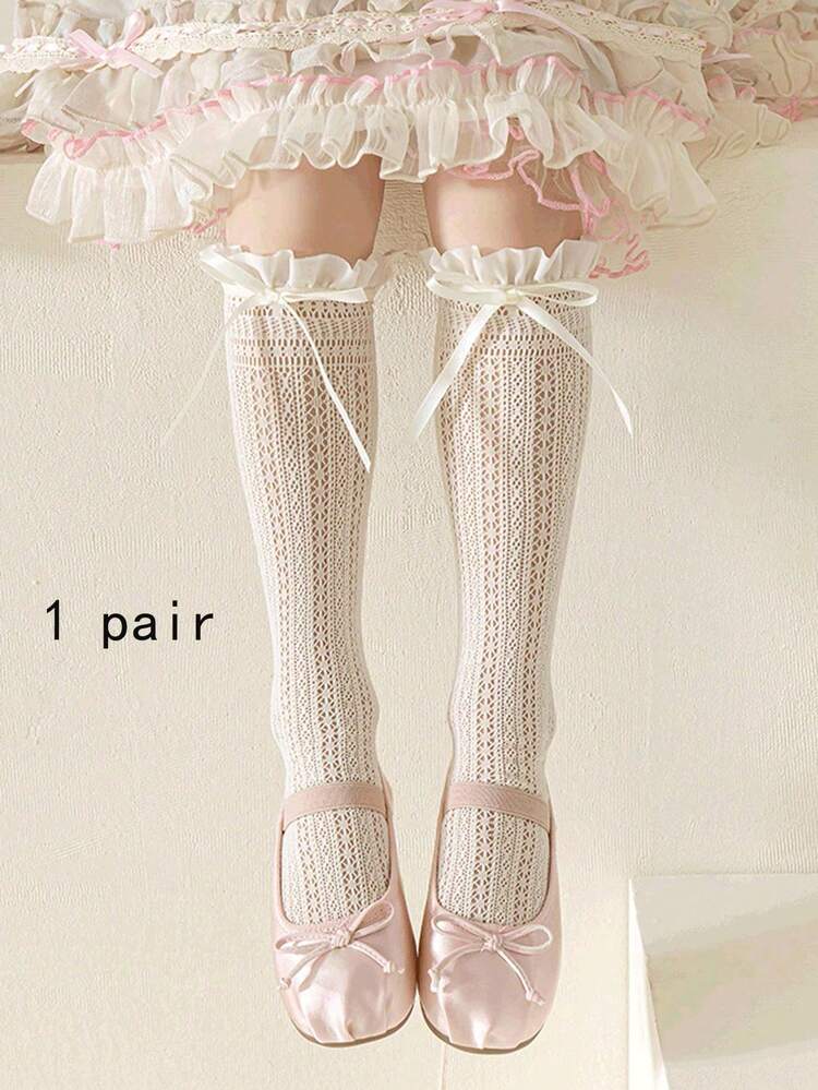1 Pair Ruffled Lace Bow Knee-High Socks For Girls, Summer Style - Beige - View 8