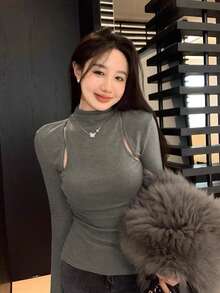 镂空长袖高领修身打底衫，版型显瘦，保暖又显瘦 - 灰色 - 查看 1