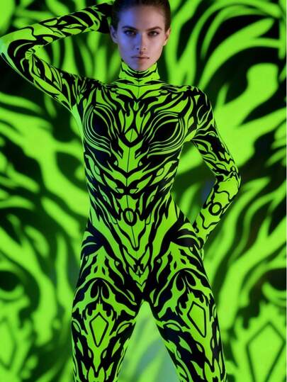 Damen sexy Party Jumpsuit, figurbetonend, Performance, Sport, Yoga, Urlaub, durchgehend Muster, Halloween Kostüm, Allover-Muster Strickstoff, Reißverschluss, Damenoberbekleidung, Urlaub, Geburtstagsparty, Schulanfangsparty, Singles Party, Bühne und Konzert, Halloween Outfit Frühling