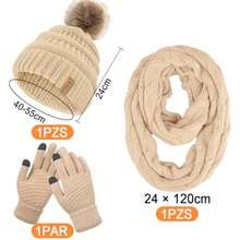3en1 Gorro Bufanda Guantes Tejido Invierno Para Frío Mujer, Gorros Para Frío, Bufanda, Guantes Térmicos Con Pantalla Táctil, Regalos de Navidad - Blanco apagado-Acrílico - Ver 5