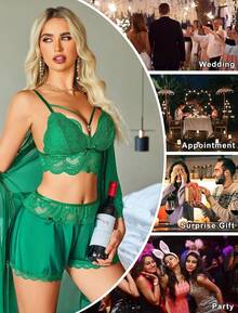 Women Set 3 Piece Lingerie Lace Cami Sleepwear And Silk Satin Pjs Sets With Mesh Kimono Robe - 綠色 - 查看 9