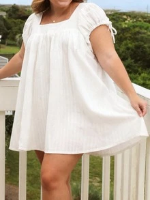 Women's Plus Size Dress Casual Stylish Solid Color Bows Square Neck Short Sleeve Mini Dress, Perfect For Beach And Casual - Ngà voi - Xem 3